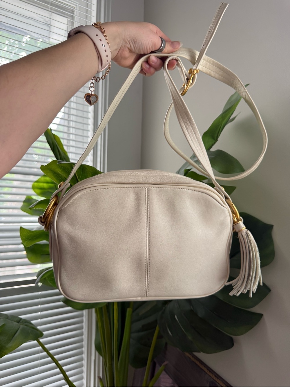 Cream Leather Crossbody Bag with Tassel Accent